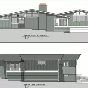 Front and left side elevation on an exciting new residential build. As per the architectural blueprints, the scope of work is a substantial addition to the south facing side of the house with a garage below and a master bedroom suite above.