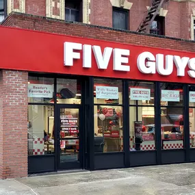 Exterior photograph of the Five Guys restaurant at 188 2nd Avenue in New York City.