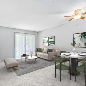 a living and dining room with a ceiling fan and a sliding glass door