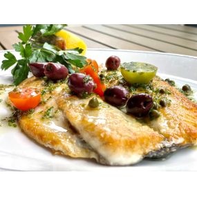 MEDITERRANEAN BRANZINO whole roasted, heirloom tomatoes, olives, capers, chives, lemon- extra
virgin olive oil