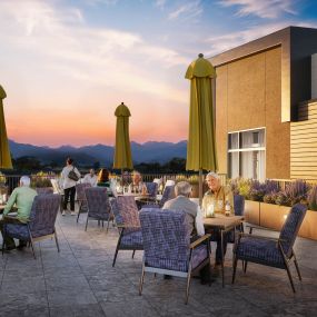 Rooftop lounge overlooking the Rocky Mountains