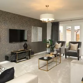 The Roydon show home living room interior at Kegworth Gate