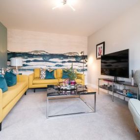 The Romsey show home living room interior at Westwood Park