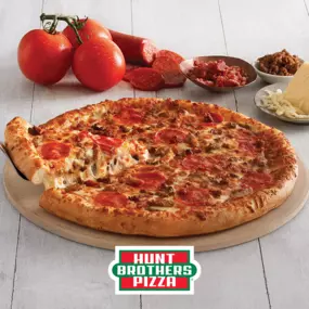 Hunt Brothers® Pizza Lotsa Meat Pizza® on your choice of Original Crust or Thin Crust. Lotsa Meat Pizza® is topped with mouth-watering Italian sausage, savory beef, tender bacon, and zesty pepperoni.