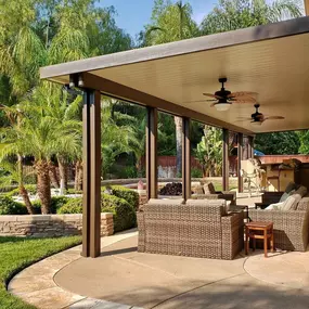 Spanish brown and Desert Sand Alumawood cover with lights and fans in Temcula, CA..