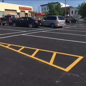 Pavement markings outside of a Wells Fargo Bank