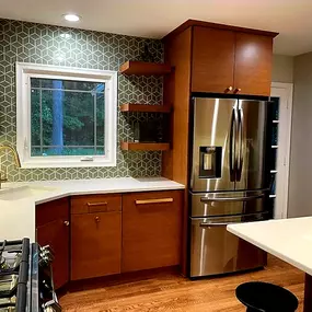 Full Kitchen remodel in Sleepy Hollow: custom cabinetry, tile work, quatrz countertop, floating shelves, modern lightning & floor refinishing