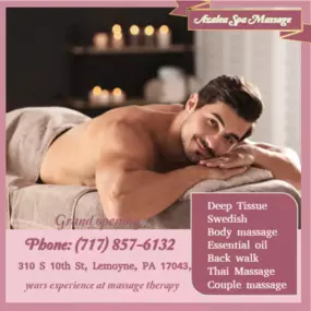 The full body massage targets all the major areas of the body that are most subject to strain and
discomfort including the neck, back, arms, legs, and feet. 
If you need an area of the body that you feel needs extra consideration, 
such as an extra sore neck or back, feel free to make your massage therapist aware and
they will be more than willing to accommodate you.