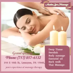 Massage techniques are commonly applied with hands, fingers, 
elbows, knees, forearms, feet, or a device. 
The purpose of massage is generally for the treatment of 
body stress or pain.