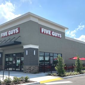 Exterior photograph of the Five Guys restaurant at 28894 State Road 54 in Wesley Chapel, Florida.