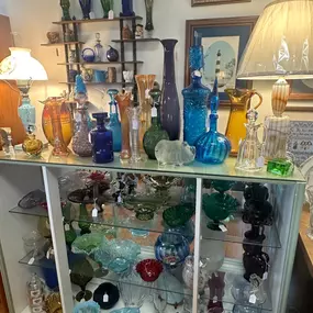 Blenko Glass, made in West Virginia, and found at Vintage Vibe OBX in a variety of shapes, sizes, and colors.