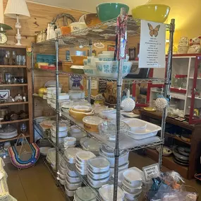 Our Vintage Pyrex Room is full of bowls, dishes, and bakeware. Come find rare patterns to complete your collection.