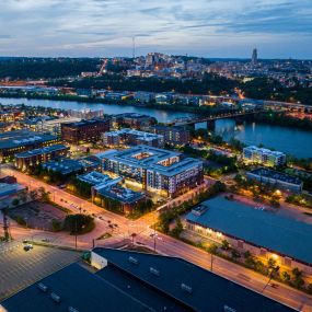 an aerial view of the city at night