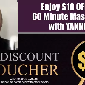 $10 OFF 60-Minute Massage with YANNI at Cici's Body Therapy, expiration 2/28/25