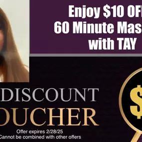 $10 OFF 60-Minute Massage with TAY at Cici's Body Therapy, expiration 2/28/25