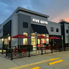 Exterior photograph of the Five Guys restaurant at 410 Herlong Avenue in Rock Hill, South Carolina.