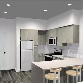 The One Atlantic Apartments feature a modern kitchen and dining area designed for style and function.