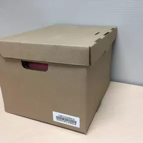 Infoshred records storage carton with barcode