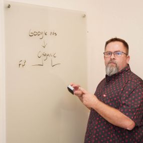 In this image, Mike Rux, a professional at Ciphers Digital Marketing, is conducting an SEO strategy session at the Gilbert, Arizona office. He is standing next to a glass board, holding a marker, and wearing glasses along with a patterned short-sleeve shirt. On the board, he has written 