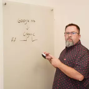 In this image, Mike Rux, a professional at Ciphers Digital Marketing, is conducting an SEO strategy session at the Gilbert, Arizona office. He is standing next to a glass board, holding a marker, and wearing glasses along with a patterned short-sleeve shirt. On the board, he has written 