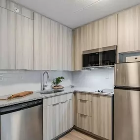 Fully equipped kitchen with stainless steel appliances in studio apartments