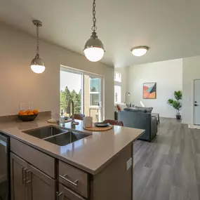 kitchen island and living room