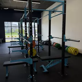 Alternate view of 6 squat racks for heavy lifting.