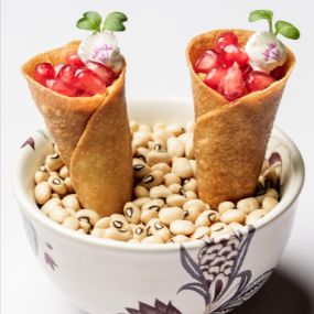 Smoked eggplant cones with pomegranate