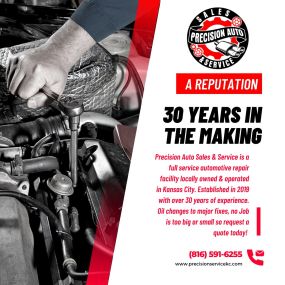 Precision Auto Sales & Service is a full service automotive repair facility locally owned & operated in Kansas City. Established in 2019 with over 30 years of experience.