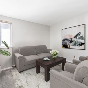 A living room with carpet flooring and a window.