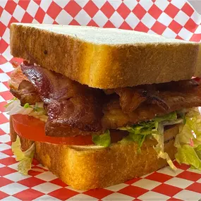 Texas Toast BLT lightly toasted with 6 pieces of bacon and dukes Mayo.