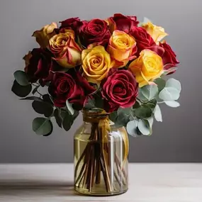 This Valentine's Day spread the love with this stunning bouquet, full of heartwarming, hot colors (red, orange, deep pink, etc.) Premium greens, a classic! vase choice may vary. For the best roses in Newburyport order from Beach Plum.