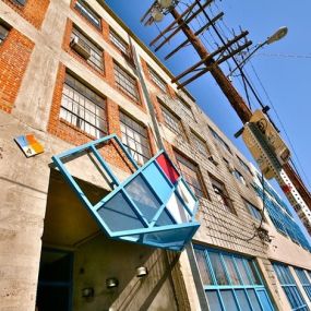 building facade with geometric pattern sign