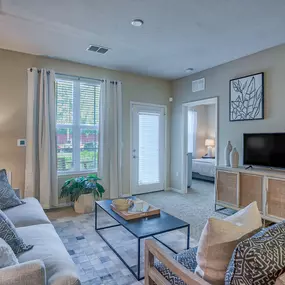 a living room with a couch and a television at Spring Creek Apartments