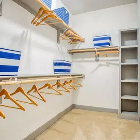 a walk in closet with a rack of hangers