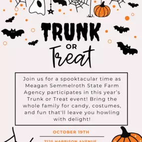 Join us for a spooktacular time as Meagan Semmelroth sponsors this year’s Trunk or Treat event on Halloween! ???? Bring the whole family for candy, costumes, and fun that'll leave you howling with delight! ????️????