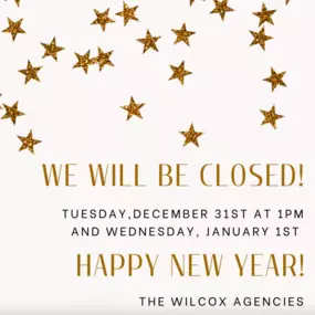 Our office will be closed tomorrow, Tuesday, December 31st at 1 pm and Wednesday, January 1st in observance of the New Year!