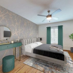 a bedroom with a bed and a ceiling fan