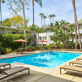 a swimming pool in front of a hotel with palm trees