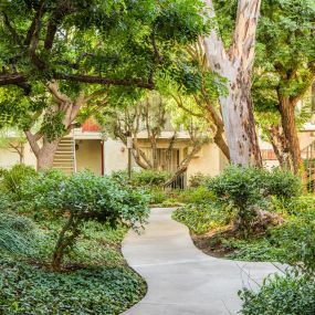 Winding walkways at Village Pointe Apartment Homes