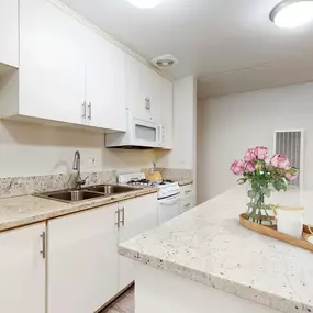 a kitchen with white cabinets and granite counter tops