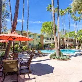 a pool with chairs and umbrellas and a building in the background