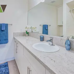 a bathroom with a sink and a mirror and a towel rack