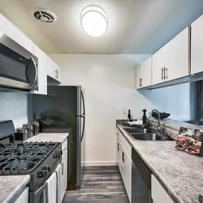 a kitchen with a stove and a sink and a refrigerator