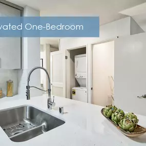 a remodeled one bedroom kitchen with a sink and a bowl of vegetables