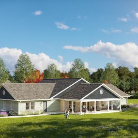 a rendering of the clubhouse and a lawn