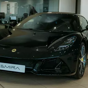 Black Lotus Emira inside Stratstone Lotus Berkshire Dealership