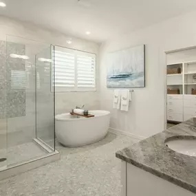 Elegant primary bathrooms with free-standing tub, dual-sink vanity, and a walk-in shower