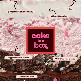 Introducing our NEW Peppermint Avalanche Cake in a Box! With chocolate cake, OREO® cookie pieces, peppermint ice cream with fudge & whipped frosting, this treat has festive flavors in every layer.