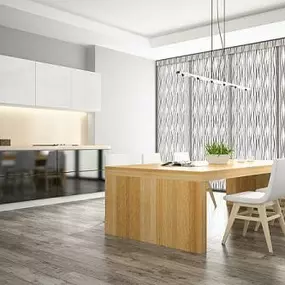 When we think of a modern house, we tend to picture clean white surfaces and stylish wood furniture with hints of black tossed in. With our Sliding Panel Track Blinds, we can bring all of these elements together.